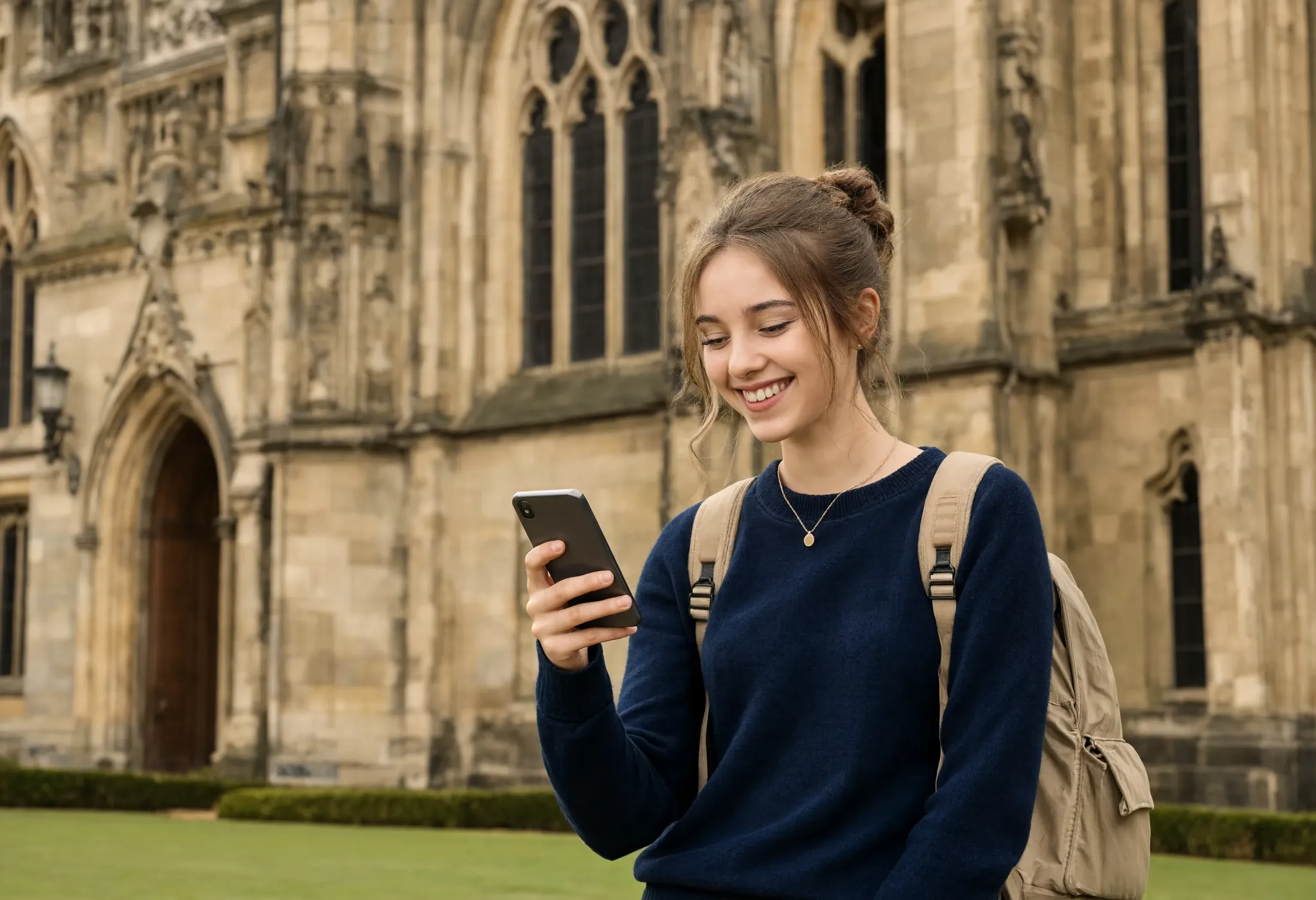 Traveller checking her phone on her usual number while abroad on a long journey