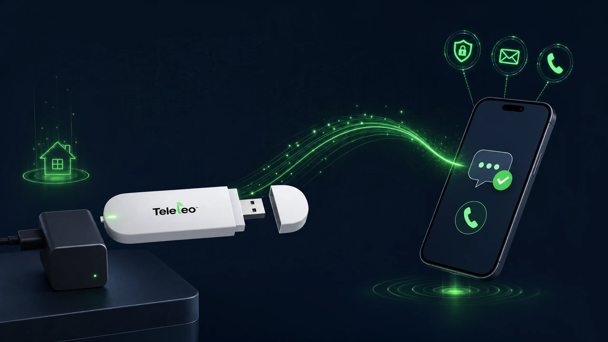 Teleleo modem stays at home while sending SMS, calls, and OTP codes to your phone anywhere