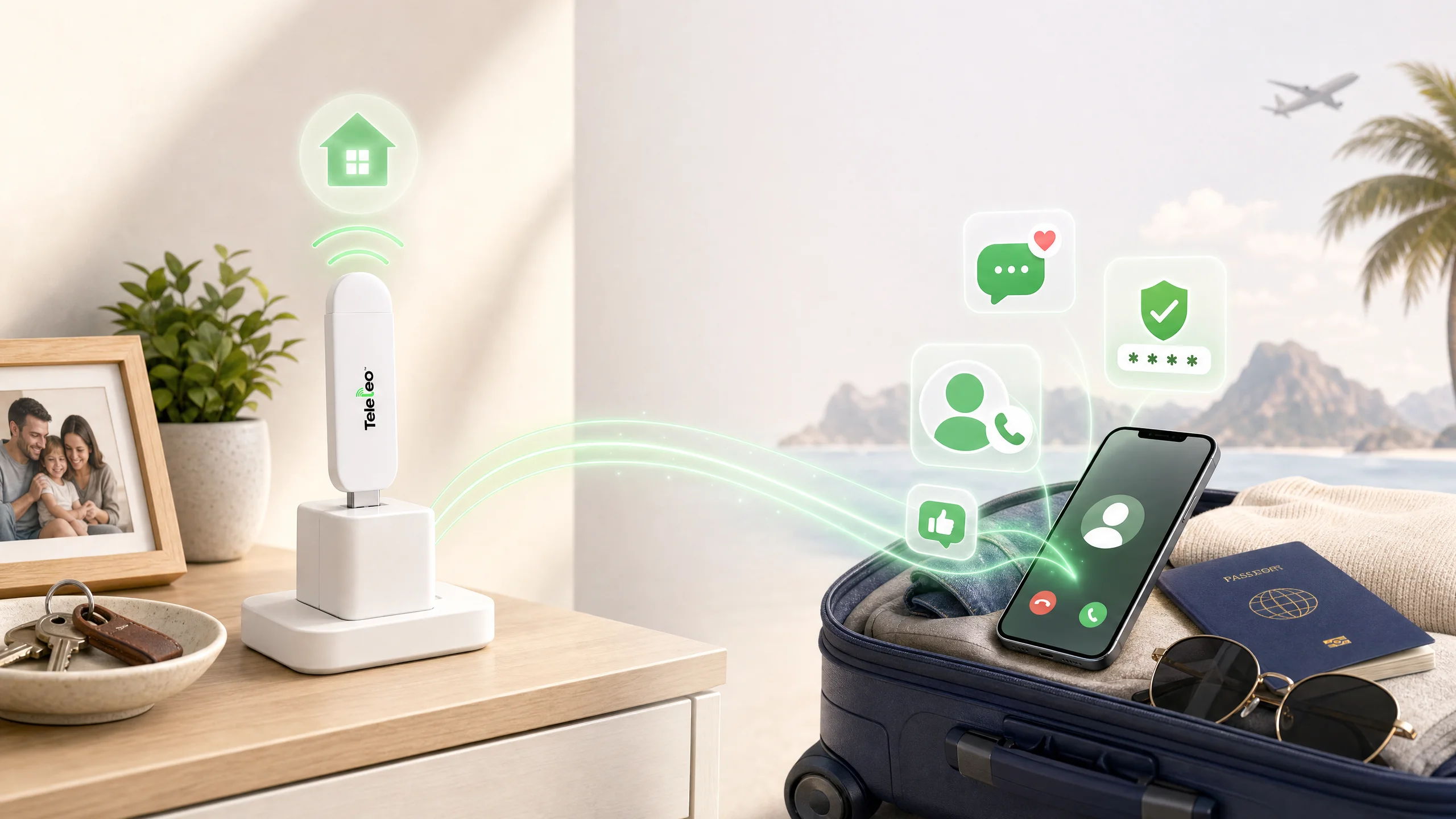 Teleleo modem at home with suitcase and passport — travel freely while your number stays active