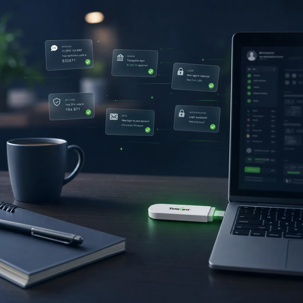 Teleleo modem on a home desk with laptop — stay connected while working remotely