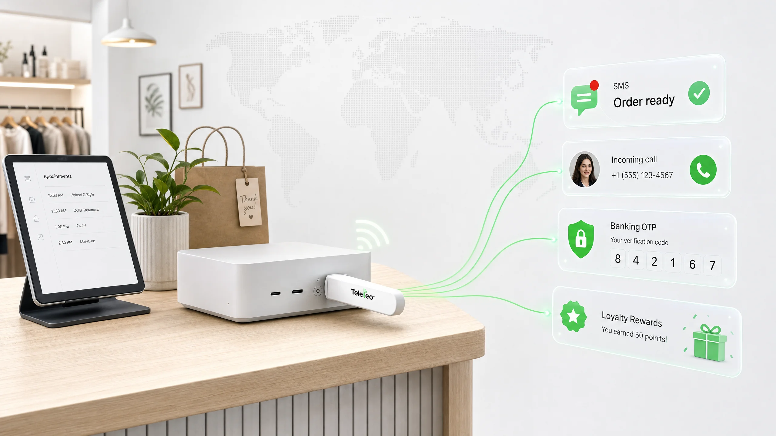 Teleleo modem on a business counter — SMS reminders, calls, and customer engagement